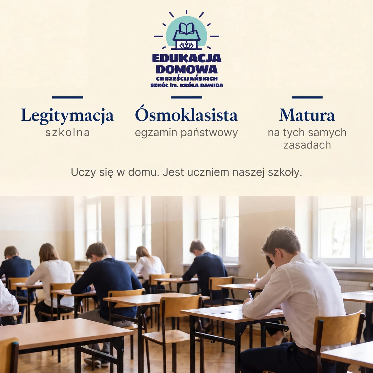 Reklama edukacji domowej Dawid EDU o legitymacji szkolnej i egzaminach państwowych.