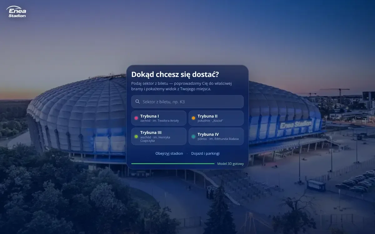 Interfejs nawigatora 3D Enea Stadionu z wyborem sektora i trybuny